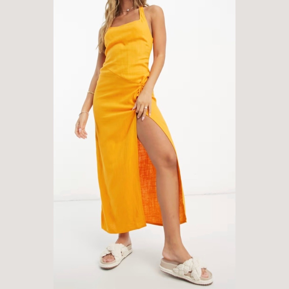 ASOS Design Size 6 Maxi Dress Orange Linen‎ Blend Halter Neck Knot Slit Boho NEW